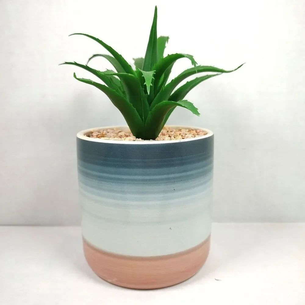 Artificial Succulent Potted Houseplant Cobat Blue White Pink Ceramic Pebbles New